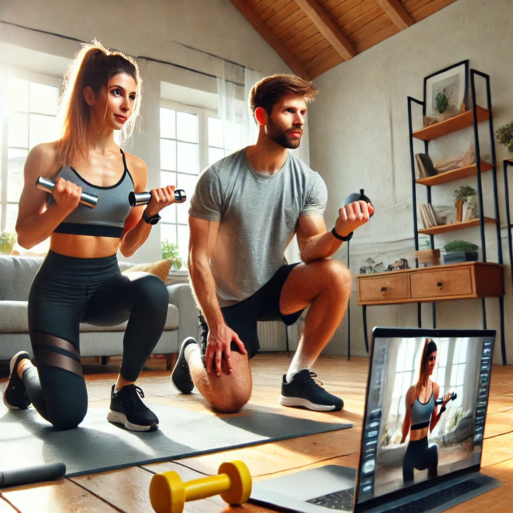 DALL·E-2024-06-19-17.45.46-A-man-and-a-woman-training-together-at-home-in-front-of-a-laptop.-The-setting-is-a-bright-modern-living-room.-Both-individuals-look-athletic-and-are-